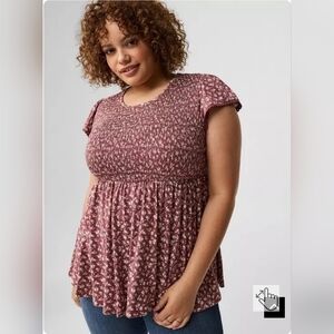 Torrid Pink Floral Print Smocked Bodice Babydoll Top